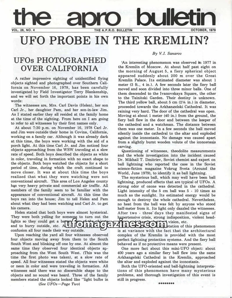 Cover of AERIAL PHENOMENA RESEARCH ORGANIZATION, INC. issue VOL. 28, NO. 4: THE A.P.R.O. BULLETIN