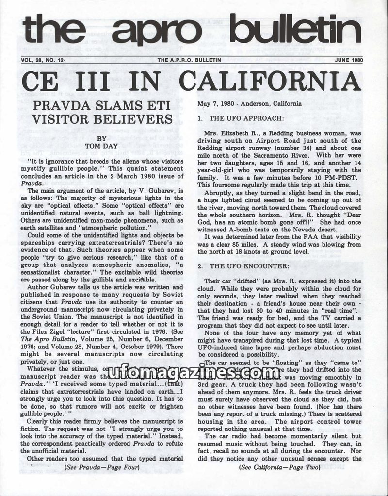 Cover of APRO Bulletin - 1980 06 00 - Vol 28 No 12