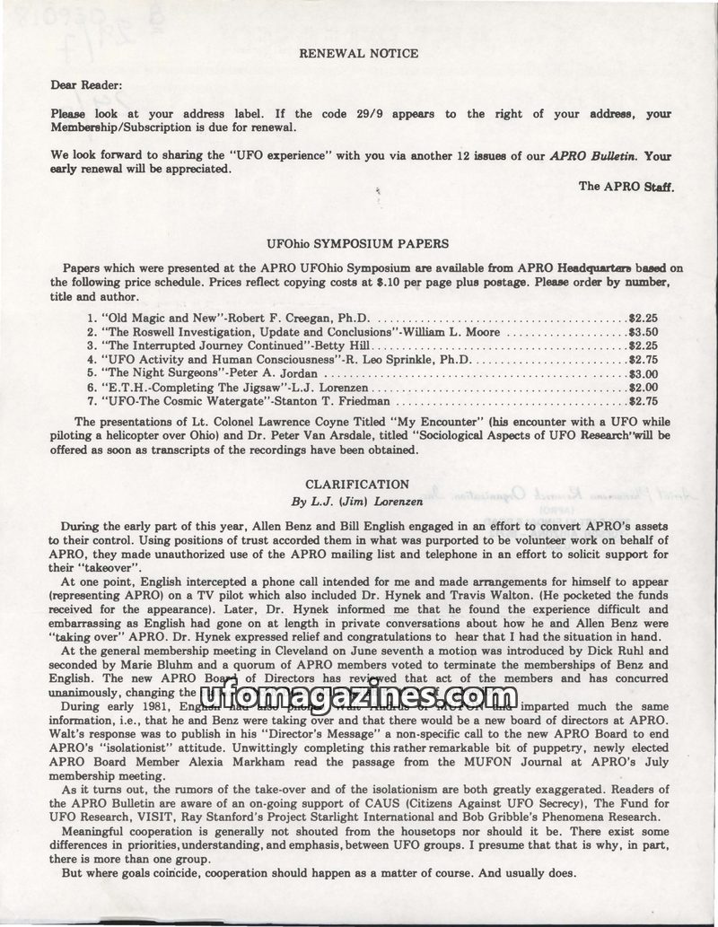 Cover of APRO Bulletin - 1981 07 00 - Vol 29 No 7