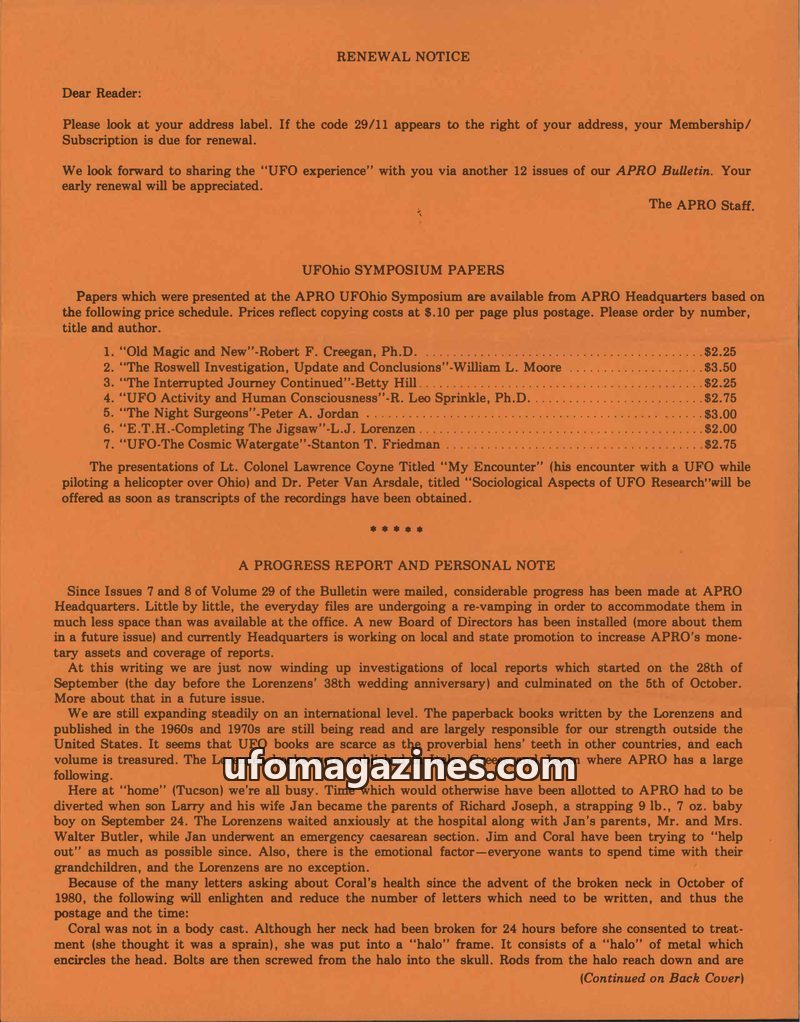 Cover of APRO Bulletin - 1981 09 00 - Vol 29 No 9