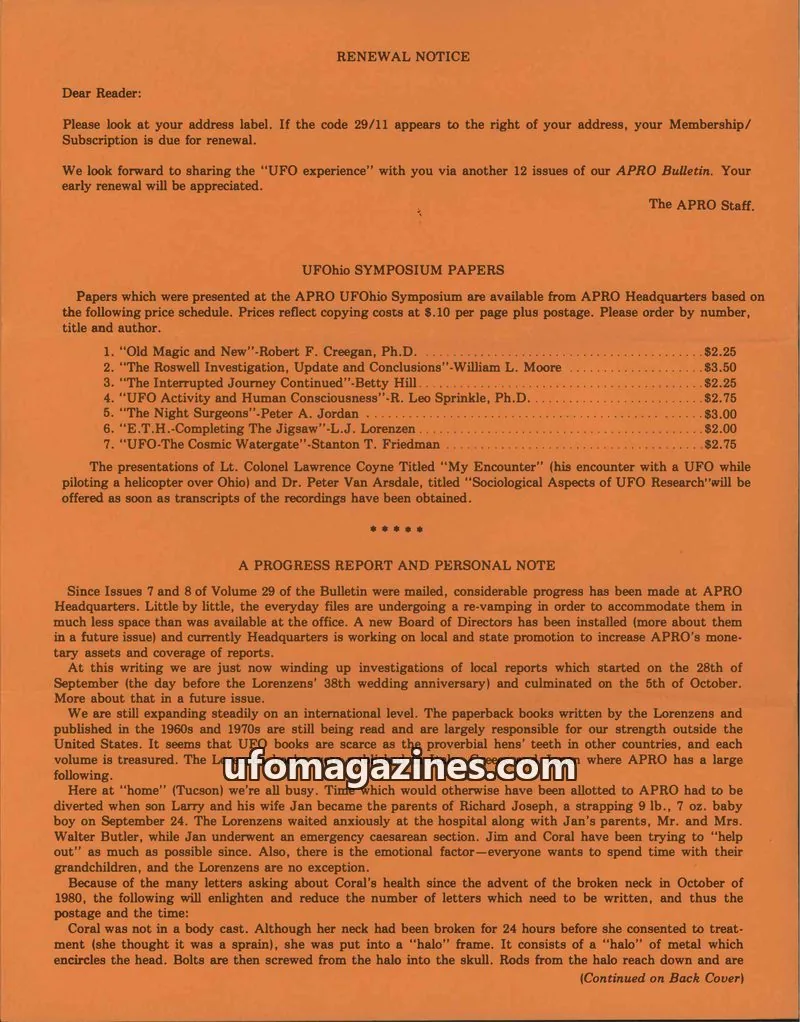 Cover of Aerial Phenomena Research Organization, Inc. issue 9: The APRO Bulletin