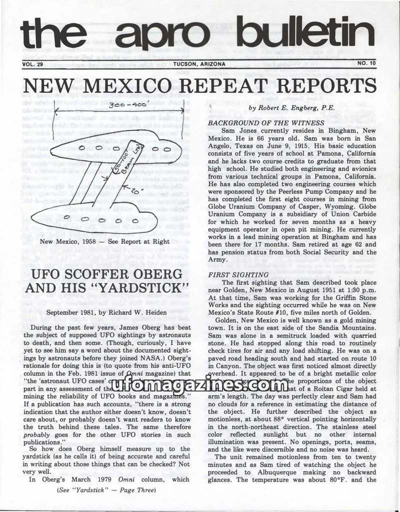 Cover of AERIAL PHENOMENA RESEARCH ORGANIZATION, INC. issue NO. 10: the apro bulletin