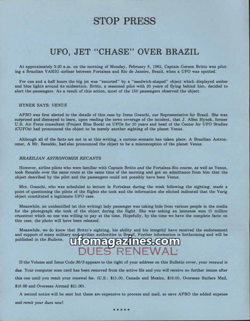 Cover of APRO Bulletin - 1982 01 00 - Vol 30 No 1