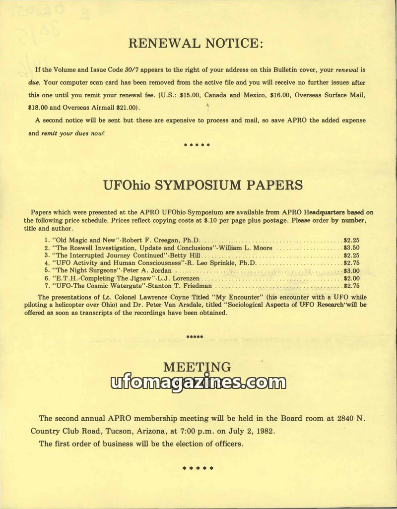 Cover of APRO Bulletin - 1982 05 00 - Vol 30 No 5