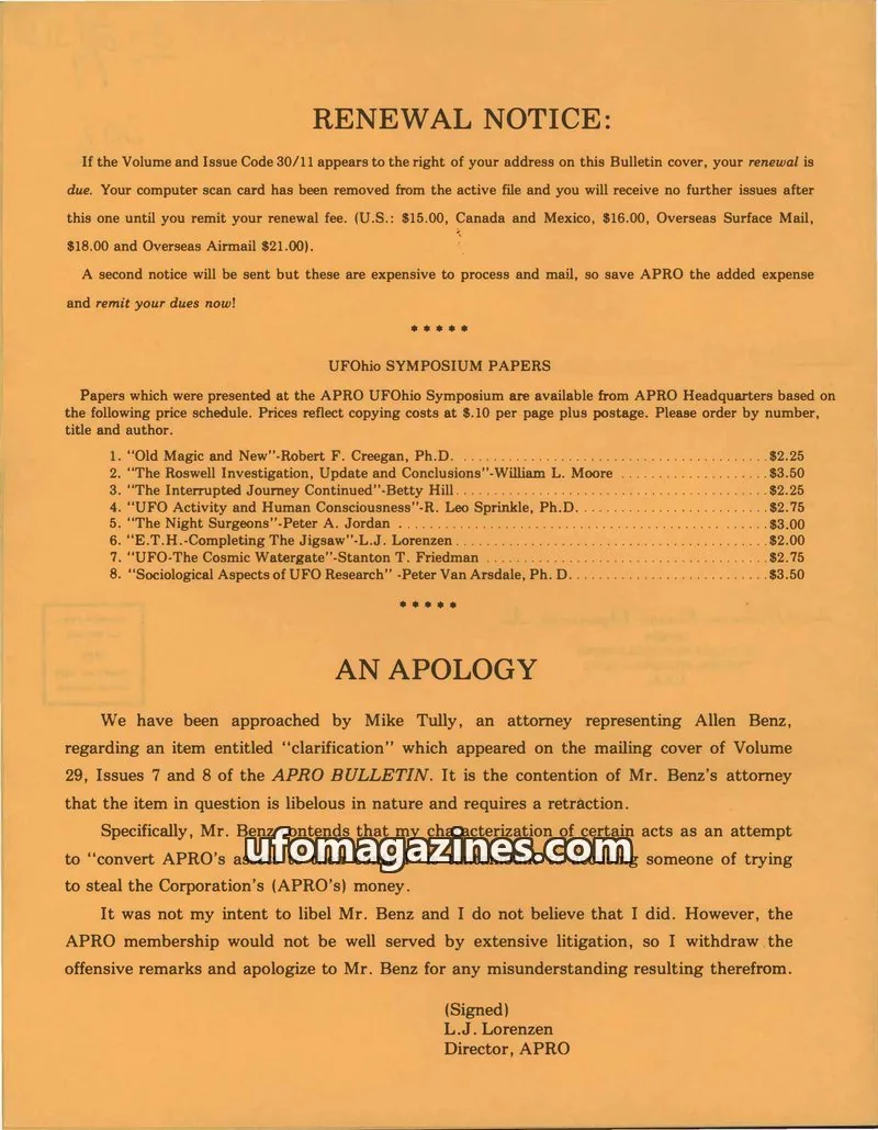 Cover of AERIAL PHENOMENA RESEARCH ORGANIZATION, INC. (A.P.R.O.) issue VOL. 30, NO. 9: the apro bulletin