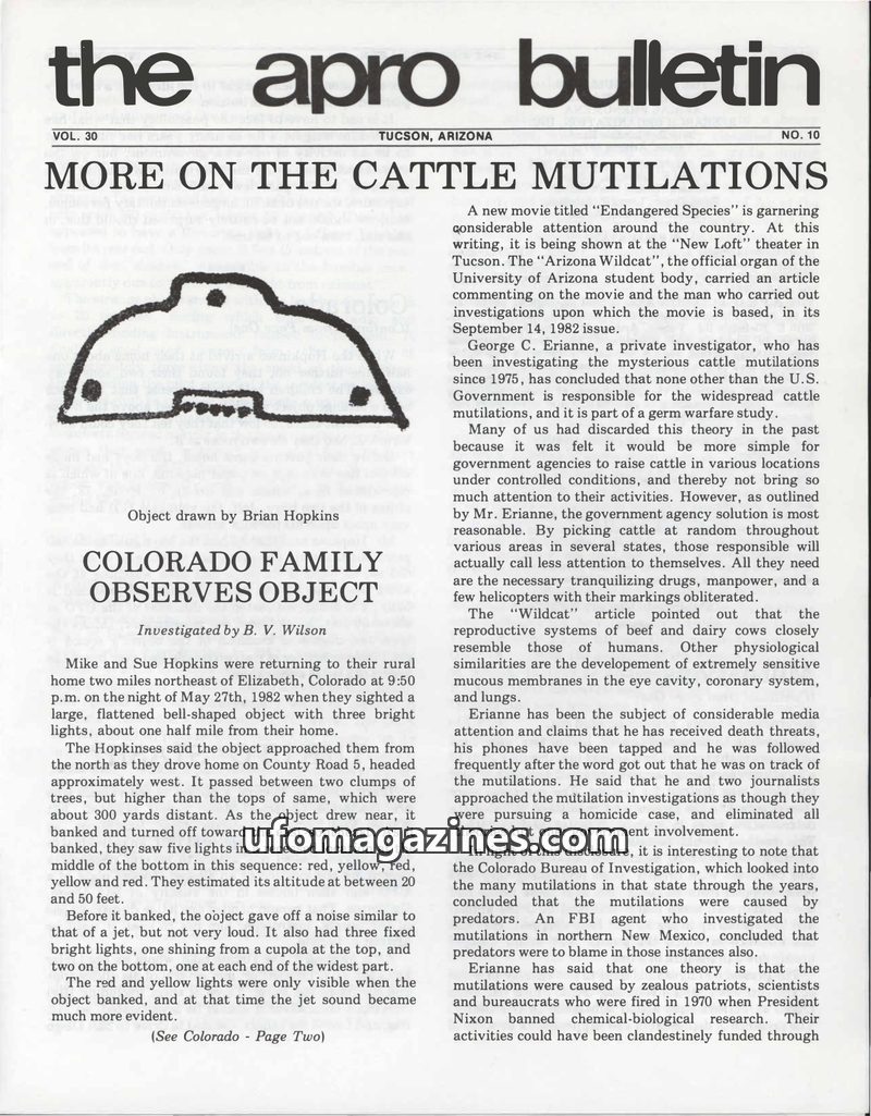 Cover of APRO Bulletin - 1982 10 00 - Vol 30 No 10