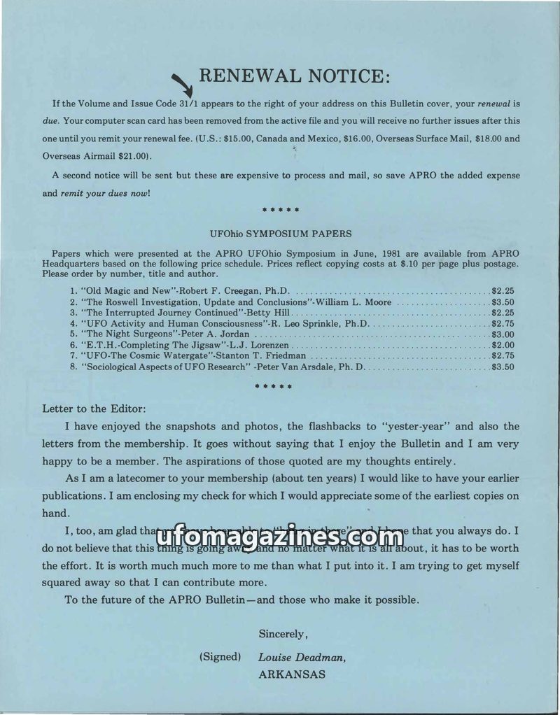 Cover of APRO Bulletin - 1982 11 00 - Vol 30 No 11