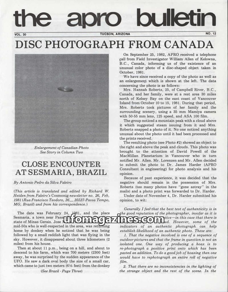 Cover of APRO Bulletin - 1982 12 00 - Vol 30 No 12