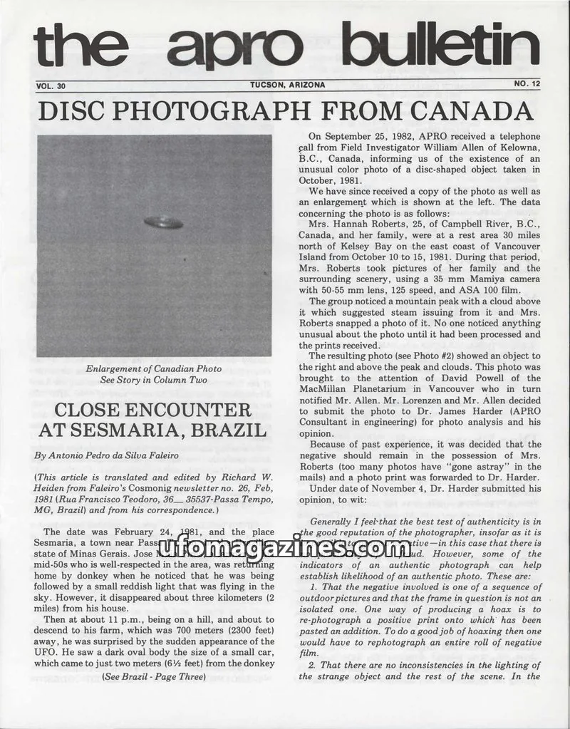 Cover of Aerial Phenomena Research Organization, Inc. (APRO) issue 12: The APRO Bulletin