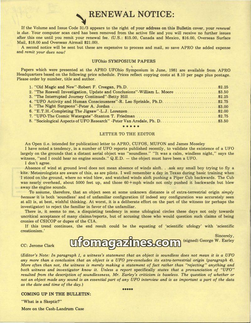 Cover of APRO Bulletin - 1983 01 00 - Vol 31 No 1