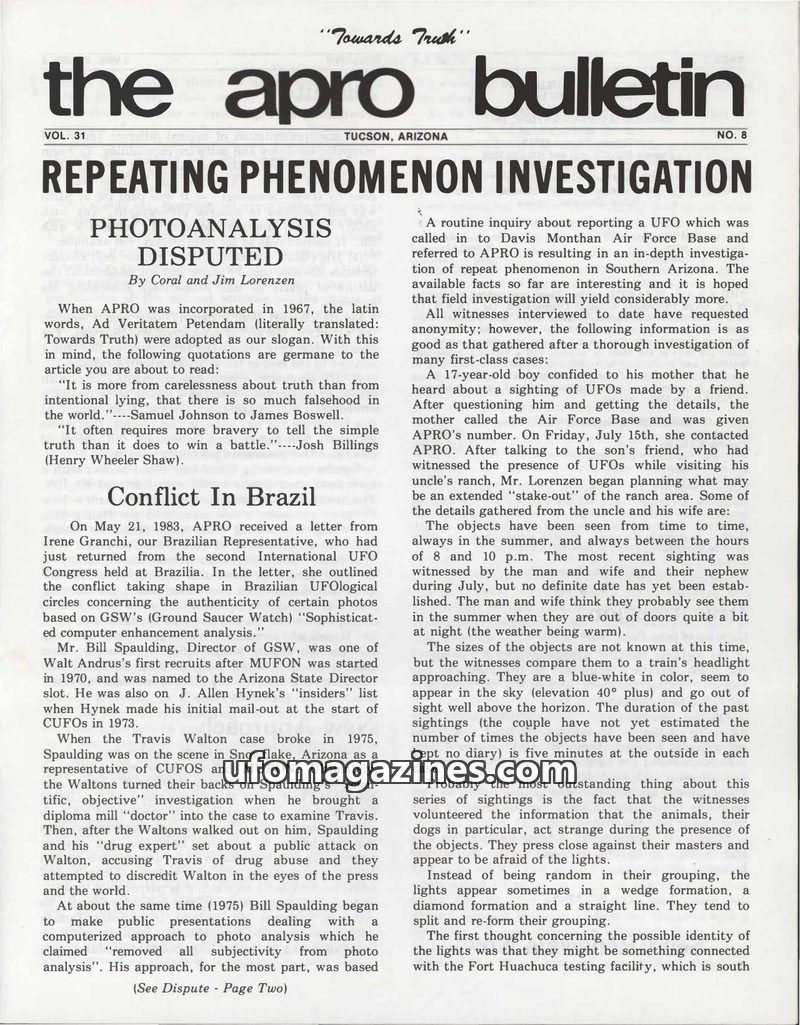 Cover of APRO Bulletin - 1983 08 00 - Vol 31 No 8