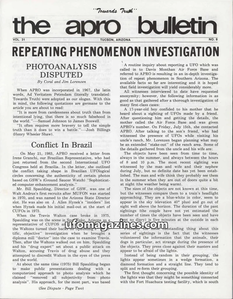Cover of Aerial Phenomena Research Organization, Inc. issue 8: The Apro Bulletin