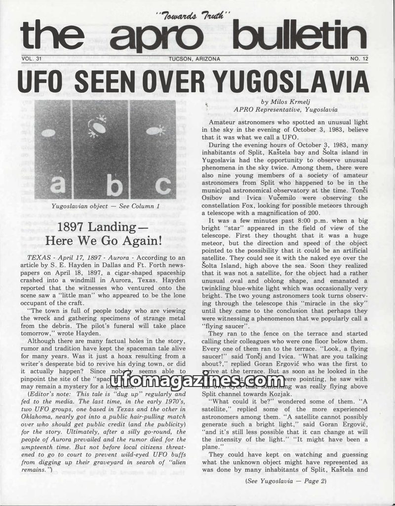 Cover of APRO Bulletin - 1984 02 00 - Vol 31 No 12