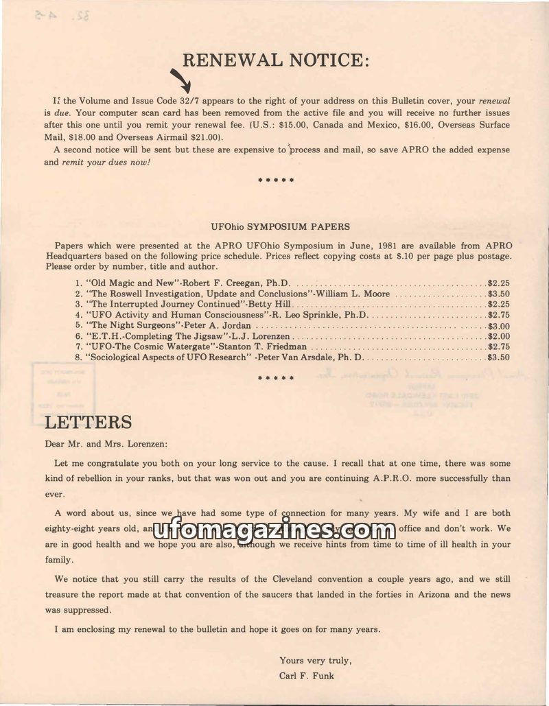 Cover of APRO Bulletin - 1984 07 00 - Vol 32 No 4