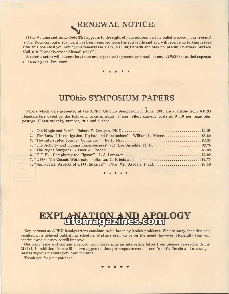 Cover of AERIAL PHENOMENA RESEARCH ORGANIZATION, INC. issue VOL. 32 NO. 11: the apro bulletin