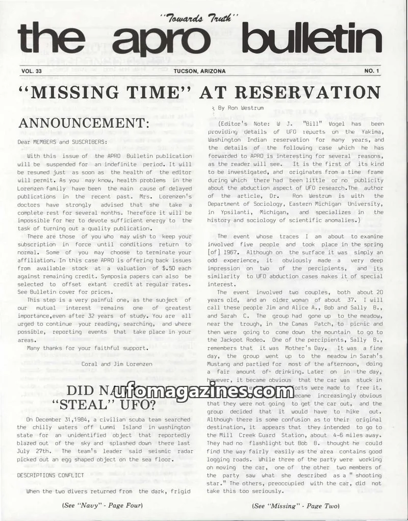 Cover of Aerial Phenomena Research Organization, Inc. (APRO) issue 1: The APRO Bulletin