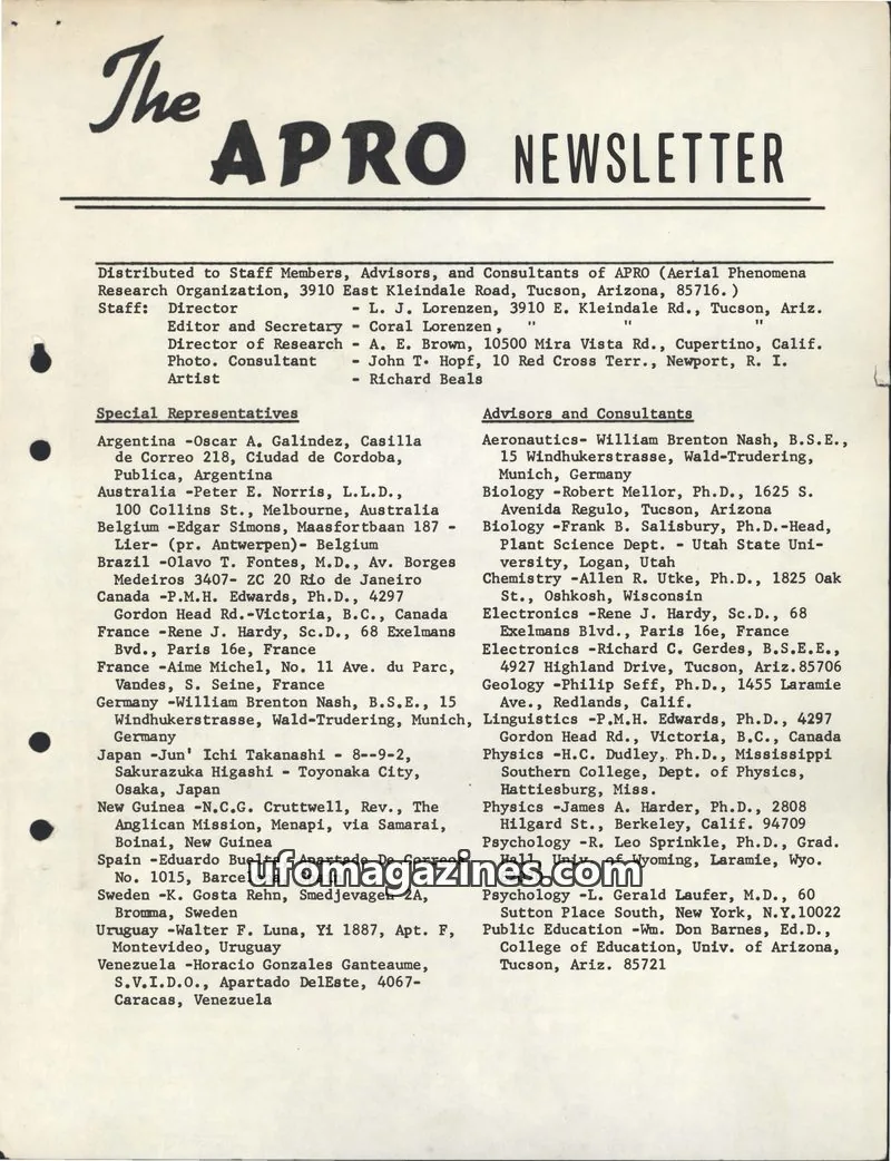 Cover of APRO (Aerial Phenomena Research Organization) issue 1: The APRO NEWSLETTER