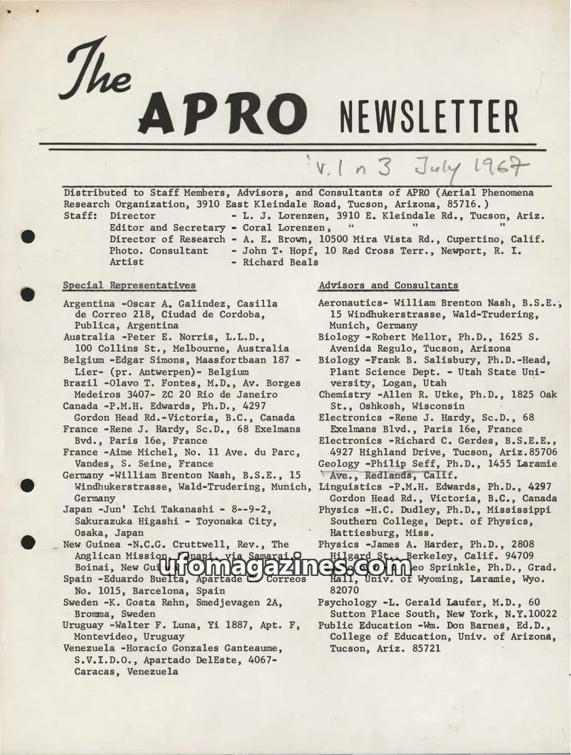 Cover of APRO (Aerial Phenomena Research Organization) issue Vol. 1, No. 3: The APRO NEWSLETTER