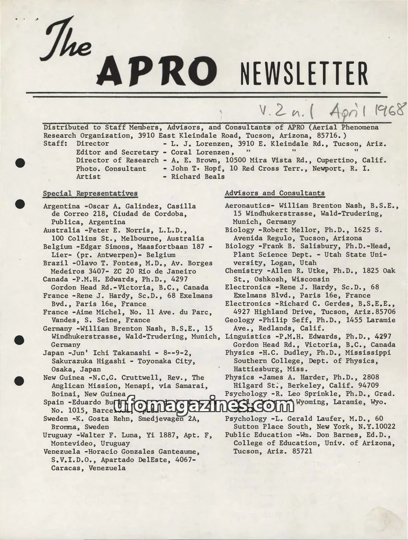 Cover of APRO (Aerial Phenomena Research Organization) issue V.2 n.1: The APRO NEWSLETTER