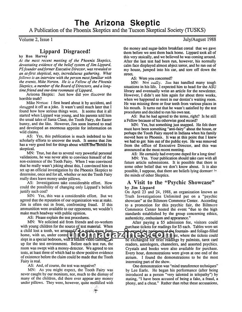 Cover of Phoenix Skeptics and the Tucson Skeptical Society (TUSKS) issue Volume 2, Issue 1: The Arizona Skeptic
