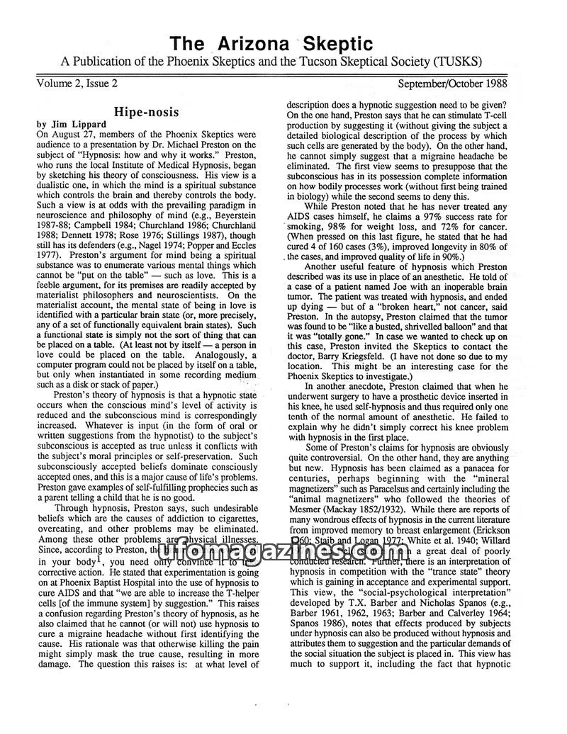 Cover of Phoenix Skeptics and the Tucson Skeptical Society (TUSKS) issue Volume 2, Issue 2: The Arizona Skeptic