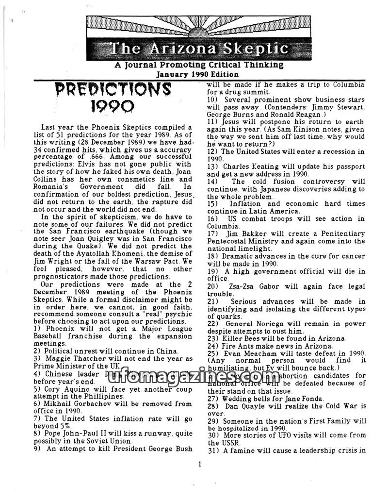 Cover of Arizona Skeptic issue January 1990 Edition: The Arizona Skeptic