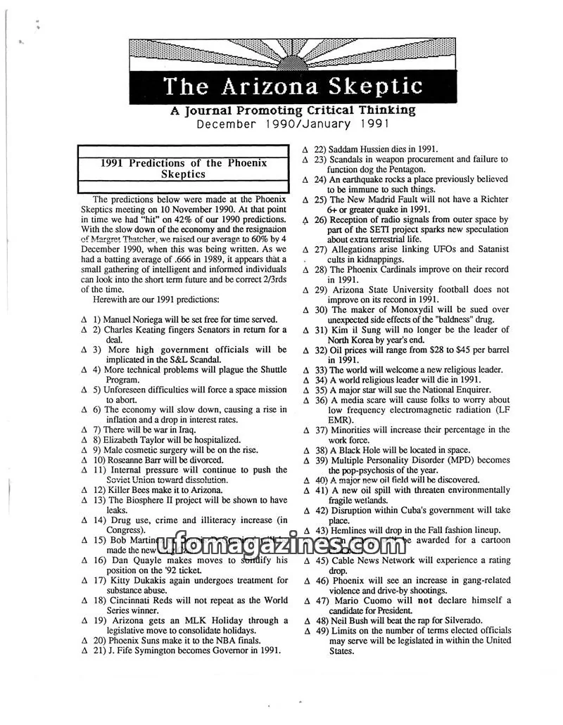 Cover of Arizona Skeptic issue December 1990/January 1991: The Arizona Skeptic