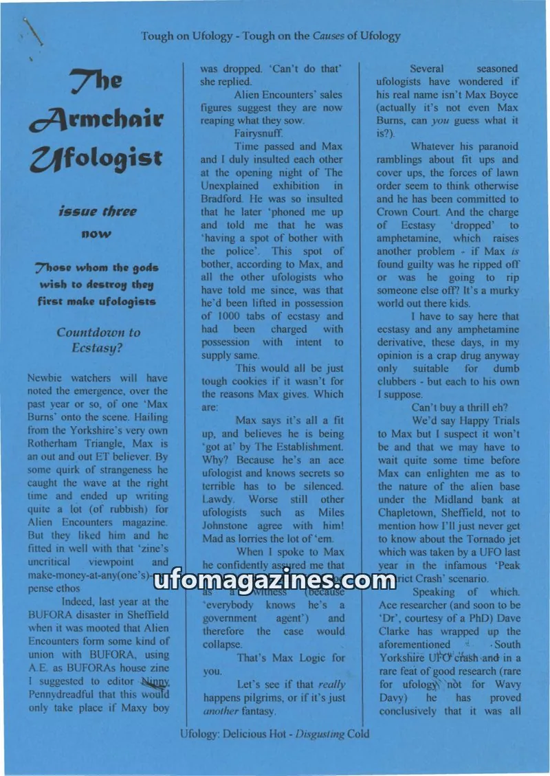 Cover of Armchair Ufologist, The issue three: Tough on Ufology - Tough on the Causes of Ufology
