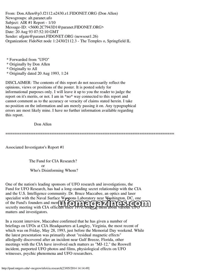 Cover of Associated Investigators Reports (AIG - W Todd Zechel) issue 1/10: AIR #1 Report