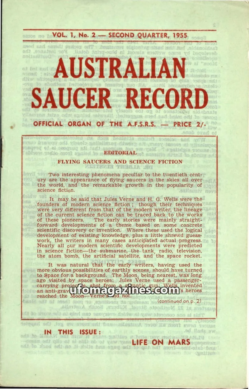 Cover of Australian Flying Saucer Research Society issue VOL. 1, No. 2: AUSTRALIAN SAUCER RECORD