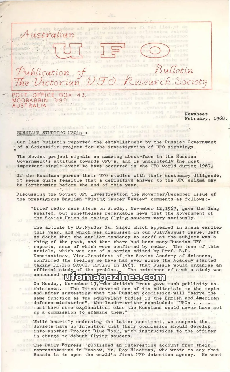 Cover of The Victorian V.F.D. Research Society issue Newsheet: Australian UFO Bulletin
