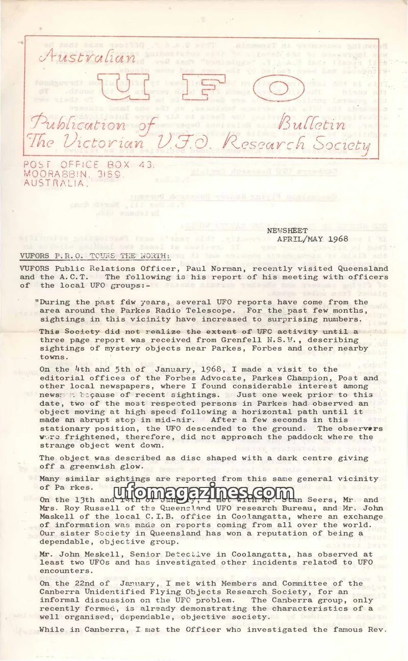 Cover of The Victorian U.F.O. Research Society issue APRIL/MAY 1968: Australian UFO Bulletin