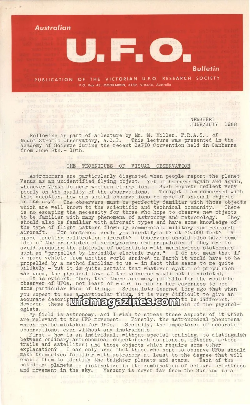 Cover of VICTORIAN U.F.O. RESEARCH SOCIETY issue June/July 1968: U.F.O. Bulletin