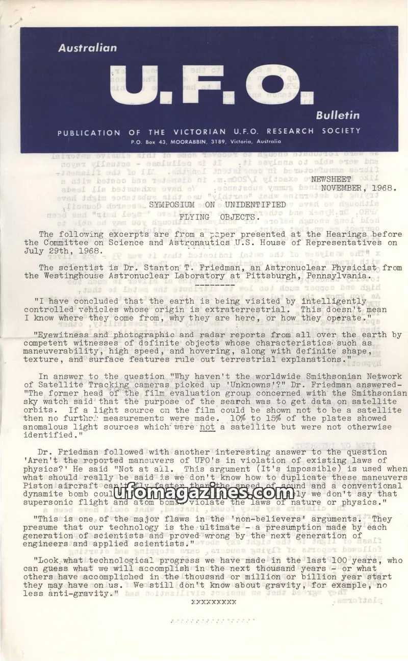 Cover of VICTORIAN U.F.O. RESEARCH SOCIETY issue November, 1968: Australian U.F.O. Bulletin
