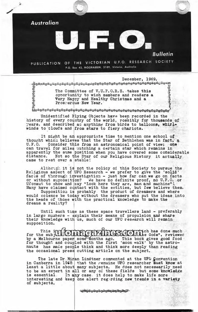 Cover of VICTORIAN U.F.O. RESEARCH SOCIETY issue December, 1969: U.F.O. Bulletin
