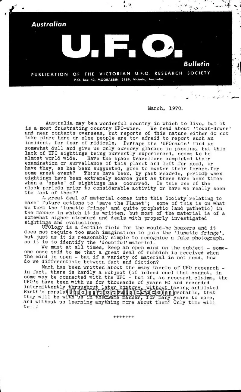 Cover of VICTORIAN U.F.O. RESEARCH SOCIETY issue March, 1970: U.F.O. Bulletin