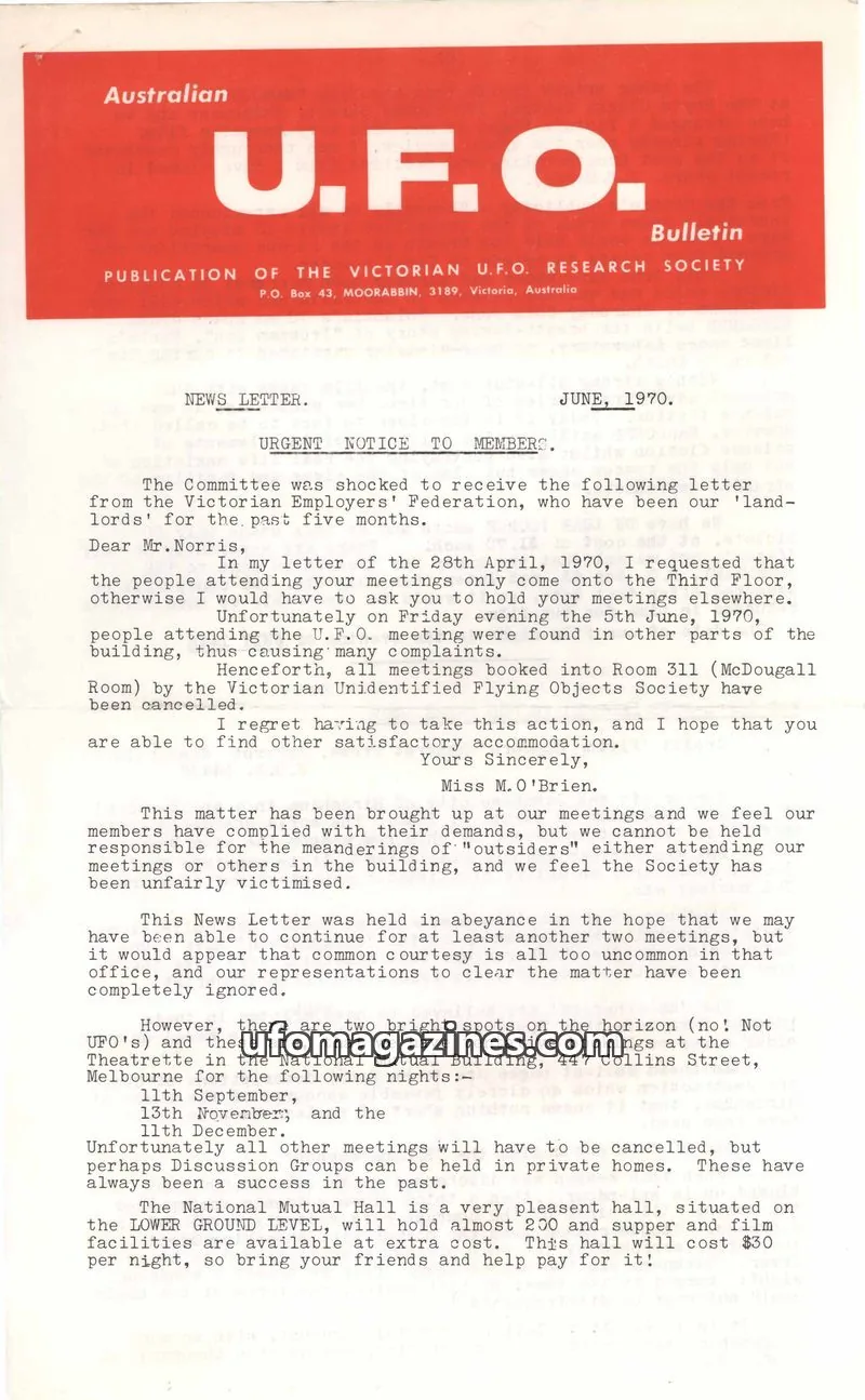 Cover of VICTORIAN U.F.O. RESEARCH SOCIETY issue JUNE, 1970.: Australian U.F.O. Bulletin