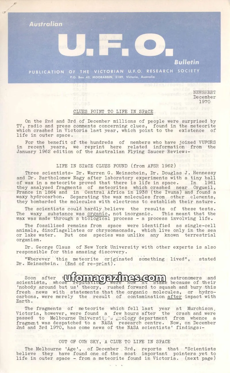 Cover of VICTORIAN U.F.O. RESEARCH SOCIETY issue December 1970: U.F.O. Bulletin