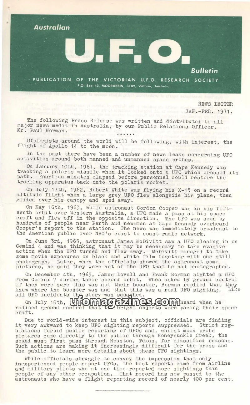 Cover of VICTORIAN U.F.O. RESEARCH SOCIETY issue JAN.-FEB. 1971: U.F.O. Bulletin