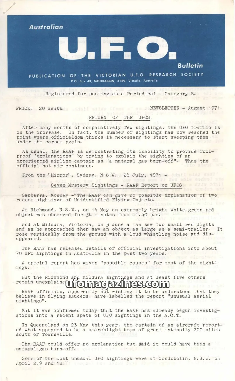 Cover of VICTORIAN U.F.O. RESEARCH SOCIETY issue August 1971: U.F.O. Bulletin