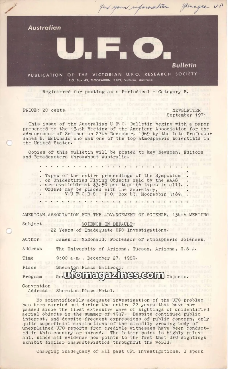 Cover of Victorian U.F.O. Research Society issue September 1971: Australian U.F.O. Bulletin