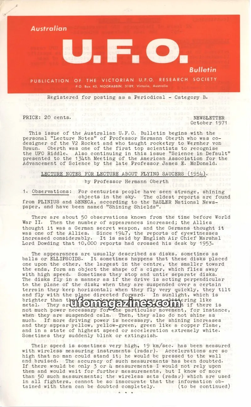 Cover of VICTORIAN U.F.O. RESEARCH SOCIETY issue NEWSLETTER: U.F.O. Bulletin