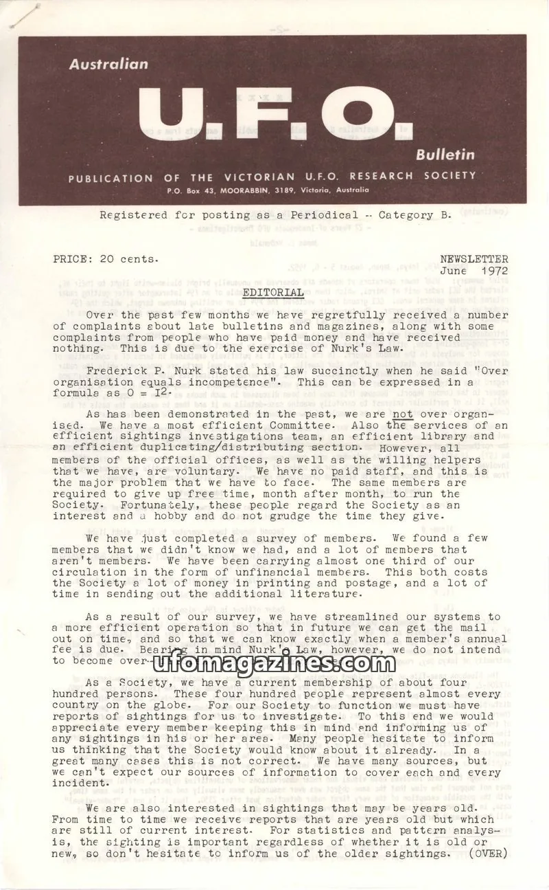 Cover of VICTORIAN U.F.O. RESEARCH SOCIETY issue June 1972: Australian U.F.O. Bulletin