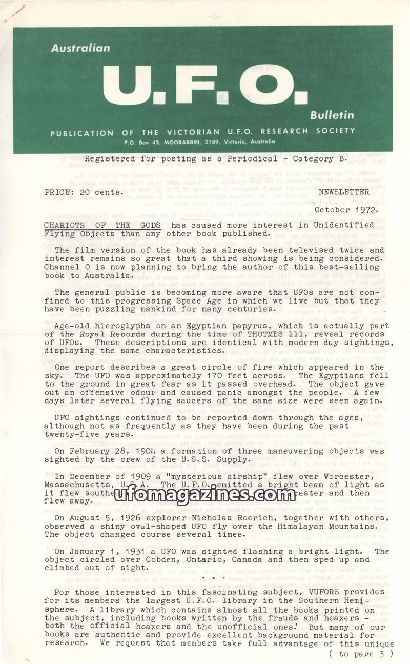 Cover of VICTORIAN U.F.O. RESEARCH SOCIETY issue NEWSLETTER: U.F.O. Bulletin