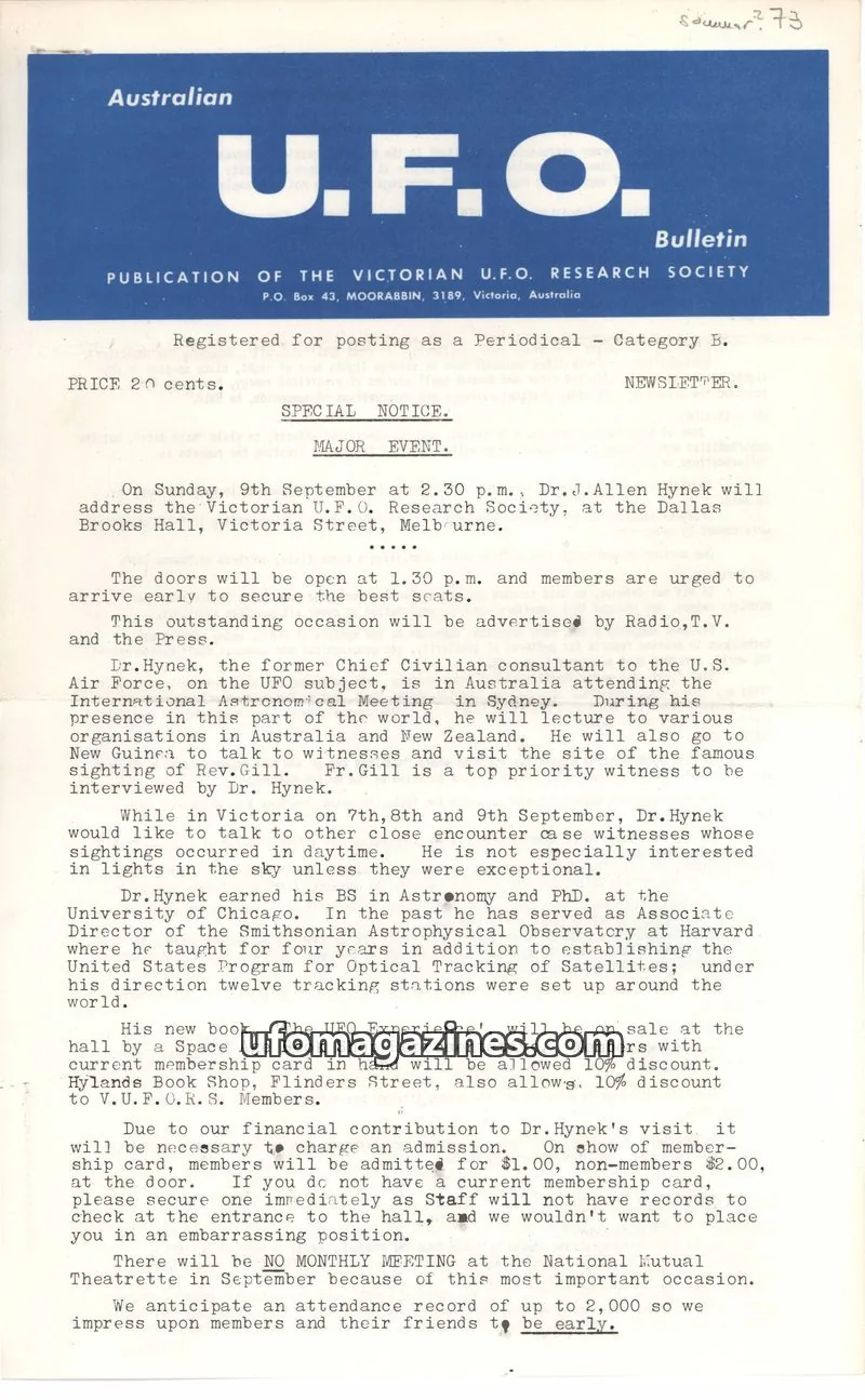 Cover of VICTORIAN U.F.O. RESEARCH SOCIETY issue NEWSLETTER: Australian U.F.O. Bulletin