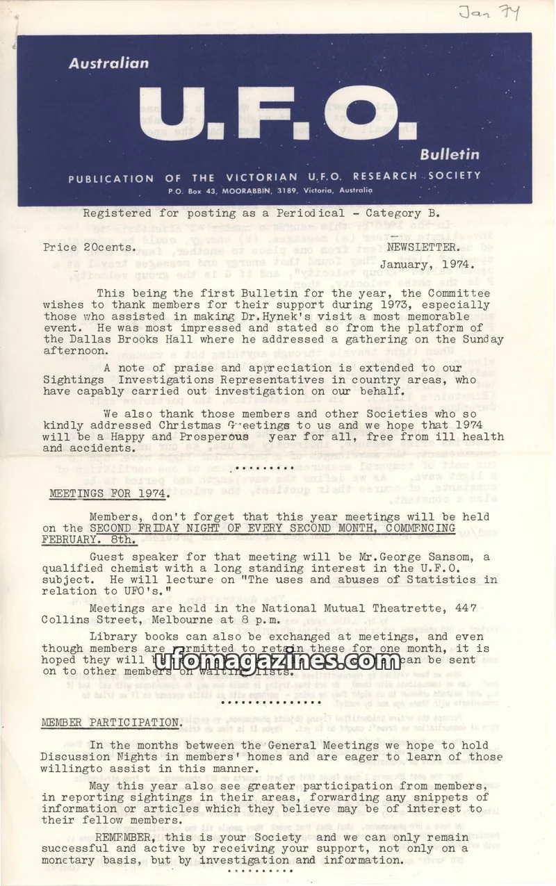 Cover of VICTORIAN U.F.O. RESEARCH SOCIETY issue January, 1974: U.F.O. Bulletin