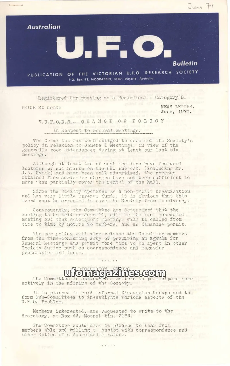 Cover of VICTORIAN U.F.O. RESEARCH SOCIETY issue June, 1974: U.F.O. Bulletin