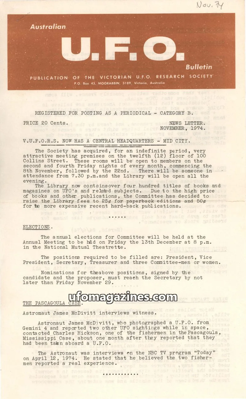 Cover of Victorian U.F.O. Research Society issue November, 1974: Australian U.F.O. Bulletin