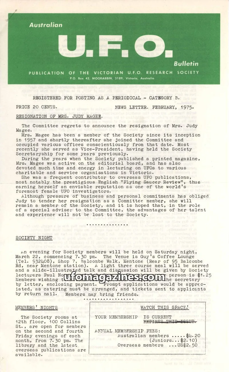 Cover of VICTORIAN U.F.O. RESEARCH SOCIETY issue FEBRUARY, 1975: U.F.O. Bulletin