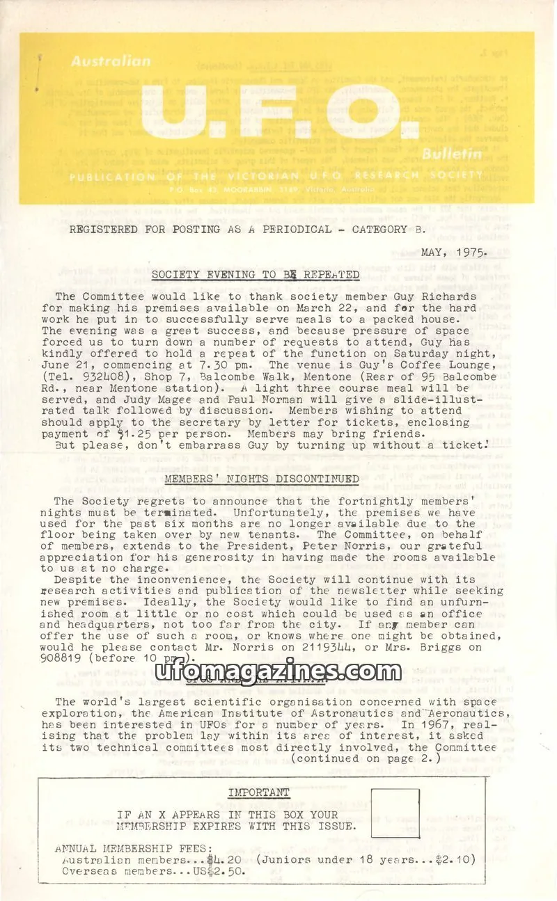 Cover of VICTORIAN U.F.O. RESEARCH SOCIETY issue May, 1975: U.F.O. Bulletin
